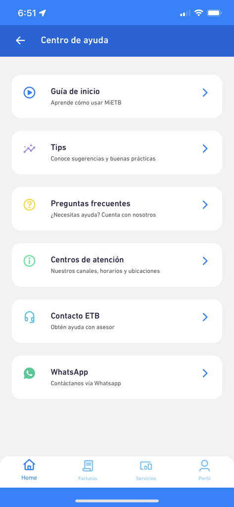 Help center menu in the Mi ETB mobile application showing customer support and contact options.