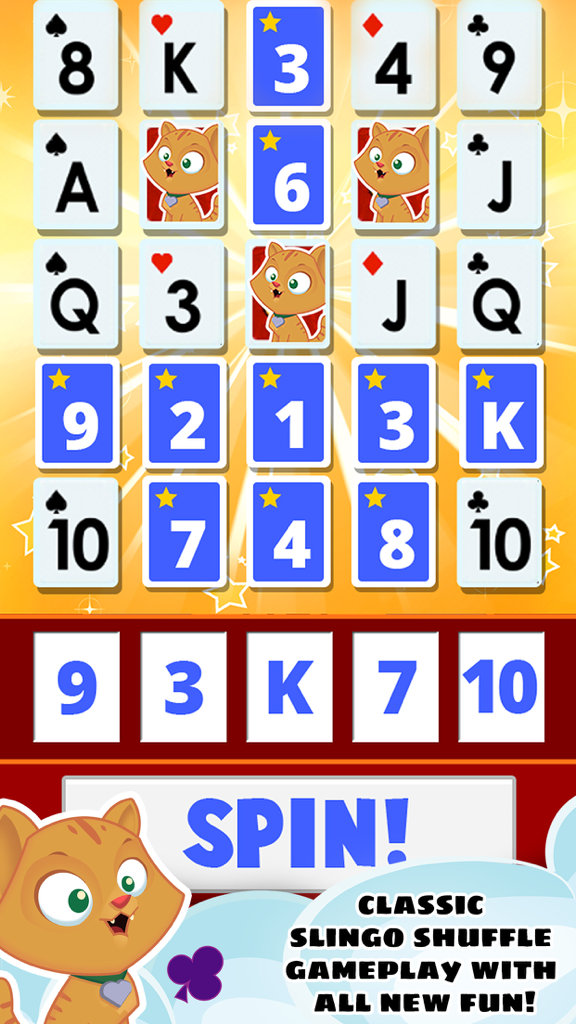 Slingo Showcase gameplay screen with a card matching grid and a cute cartoon kitten