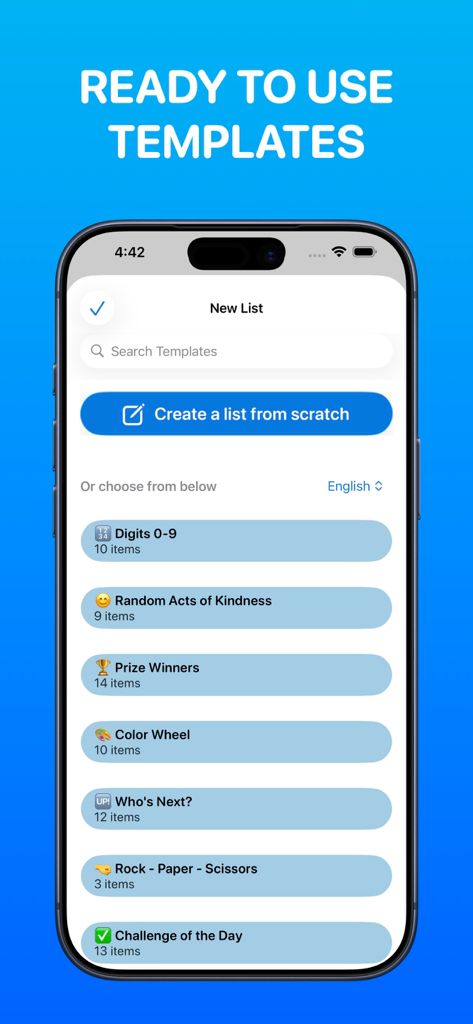 Wheel Spinner - Pick Me - Ready to use templates screen in the Wheel Spinner Pick Me app showing various randomized list options.