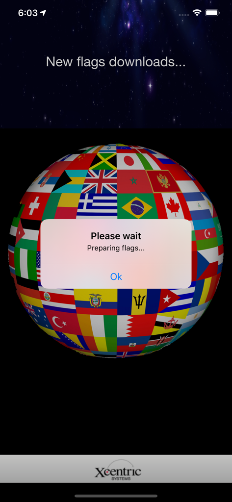 Flags and Capitals - Loading screen showing a 3D globe made of national flags for the Flags and Capitals app.