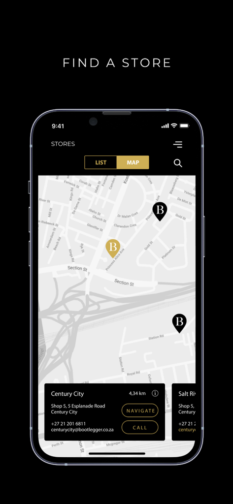Bootlegger Coffee Company - Bootlegger Coffee Company app store locator screen showing a map with coffee shop locations and contact details for a selected store.