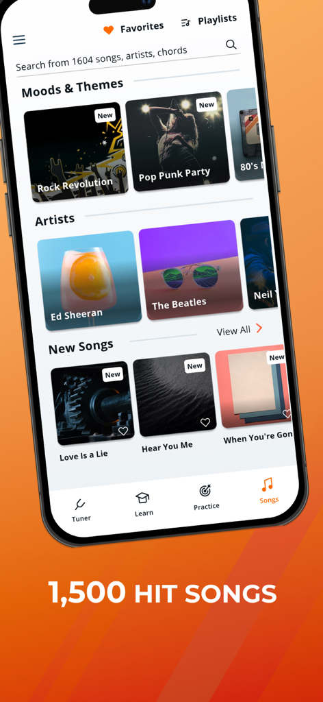 Justin Guitar Lessons & Songs - Justin Guitar app song library featuring over 1500 hit songs categorized by mood artist and theme