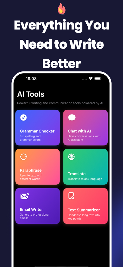 AI Keyboard: KeyAI - Interfaz de la aplicación KeyAI que muestra varias herramientas de escritura IA como corrector gramatical, redactor de correos y traductor