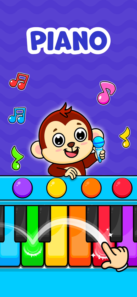 Interaktives Klavierspiel für Kleinkinder mit einem Cartoon-Affen und bunten Tasten.