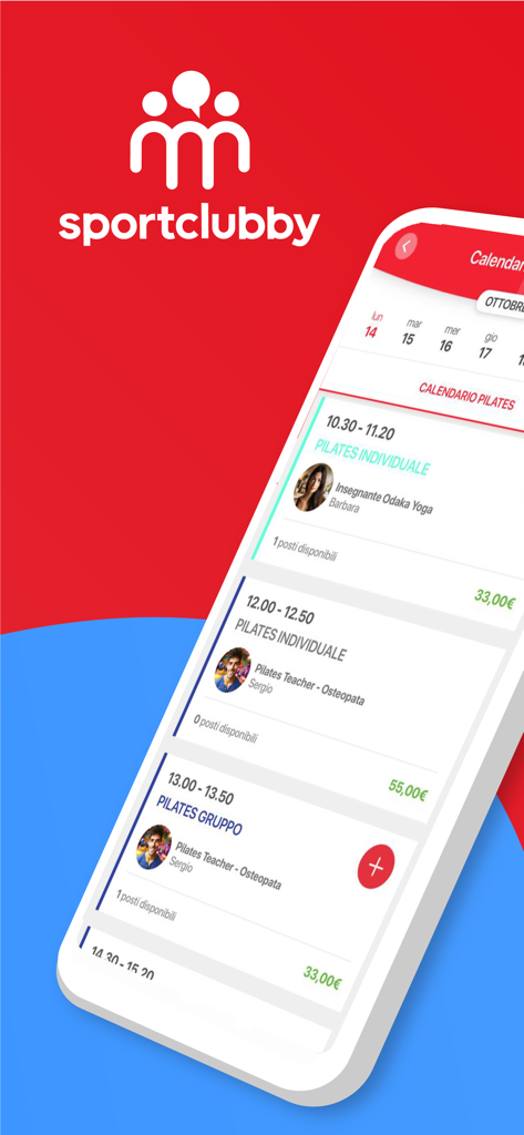 Sportclubby - 利用可能なピラティスクラスとインストラクターを表示するSportclubbyアプリのカレンダー画面