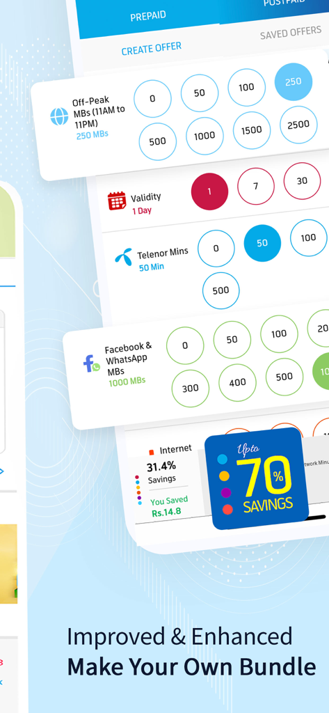 My Telenor - Interface of My Telenor app showing the Make Your Own Bundle feature for customizing data and minutes