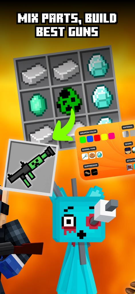 Guns Mods for Minecraft - Una pantalla que muestra cómo mezclar piezas y construir armas personalizadas en Minecraft con varias opciones de color y accesorios