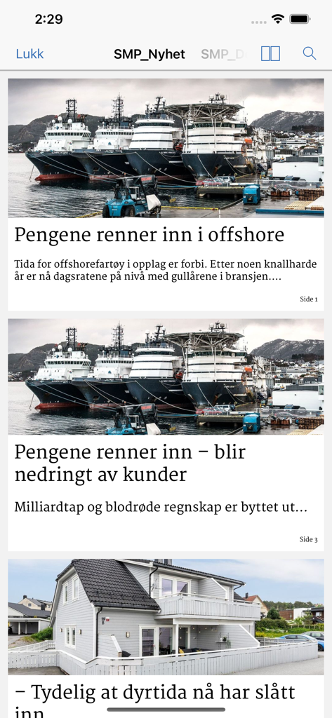 Sunnmørsposten eAvis - Screenshot of the Sunnmørsposten eAvis app news feed featuring headlines about the offshore industry and regional economy with photos of ships and houses.