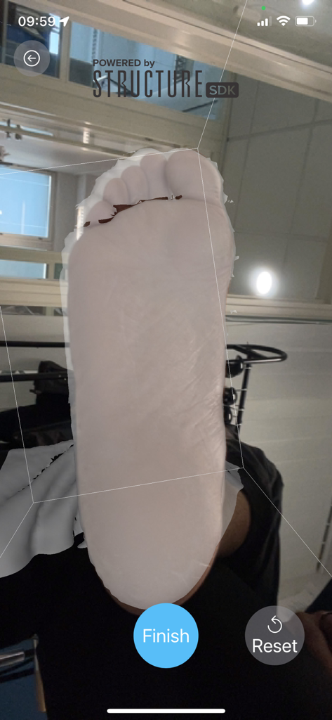 SoleScan 3D - A 3D digital scan of a foot sole displayed within the SoleScan 3D app interface for custom orthotics creation.