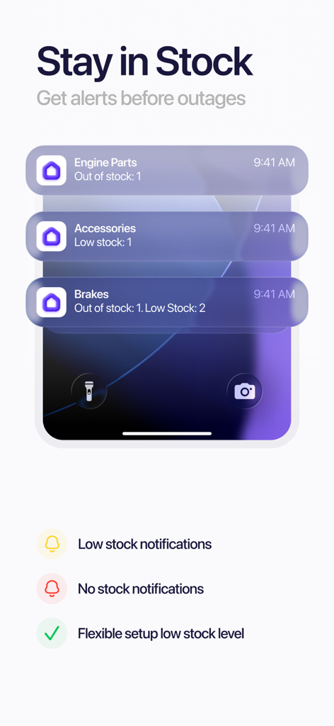 Inventory Tracker - Sklad - A smartphone displaying low stock and out of stock notifications from the Sklad inventory tracker app