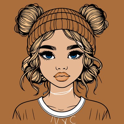 realistic girl with buns in her hair with a beanie on