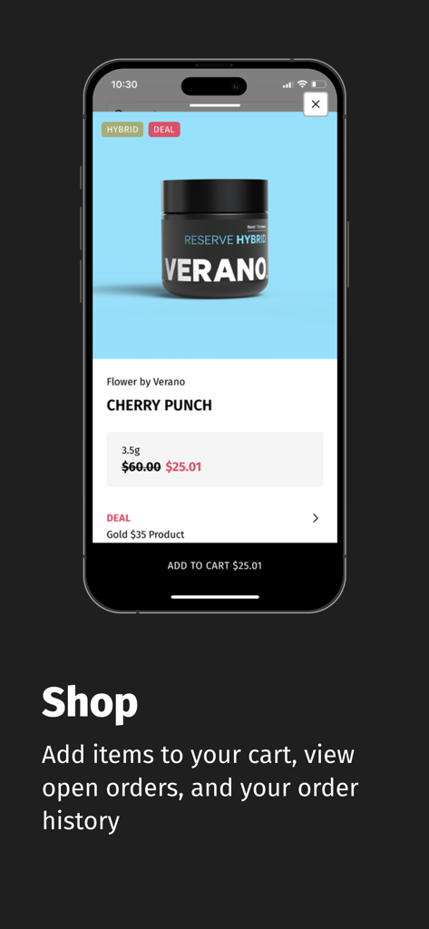 Zen Leaf+ - Interface de l'application mobile Zen Leaf+ montrant un produit de cannabis avec prix réduit et option d'ajout au panier