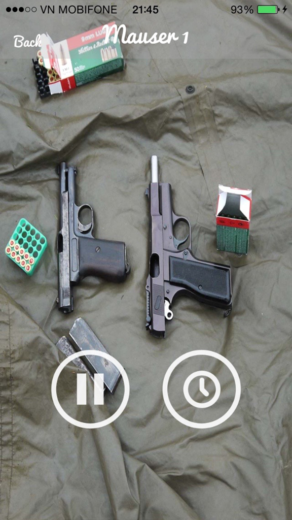 Gun Sounds - Real Gun Sound - Mauser 1 pistol and ammunition on tactical background in the Gun Sounds app interface