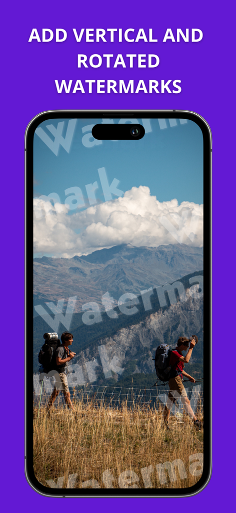 Watermarkly app interface showing vertical and rotated text watermarks on a landscape image.