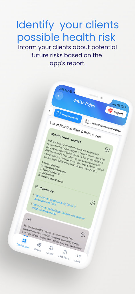 10xPro: Sell Smart, Grow Fast - Interface of the 10xPro app displaying a list of possible health risks and references for a client report