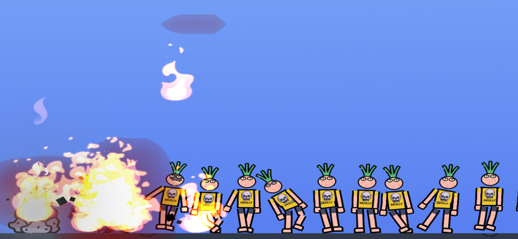 Water Box: Sandbox Playground - A row of ragdoll characters in a physics sandbox with one character being engulfed in flames