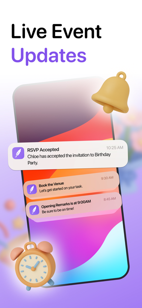 RushDay: Party & Event Planner - Pantalla de smartphone mostrando notificaciones de eventos en vivo para aceptación de confirmación de asistencia y recordatorios de tareas dentro de la app RushDay.