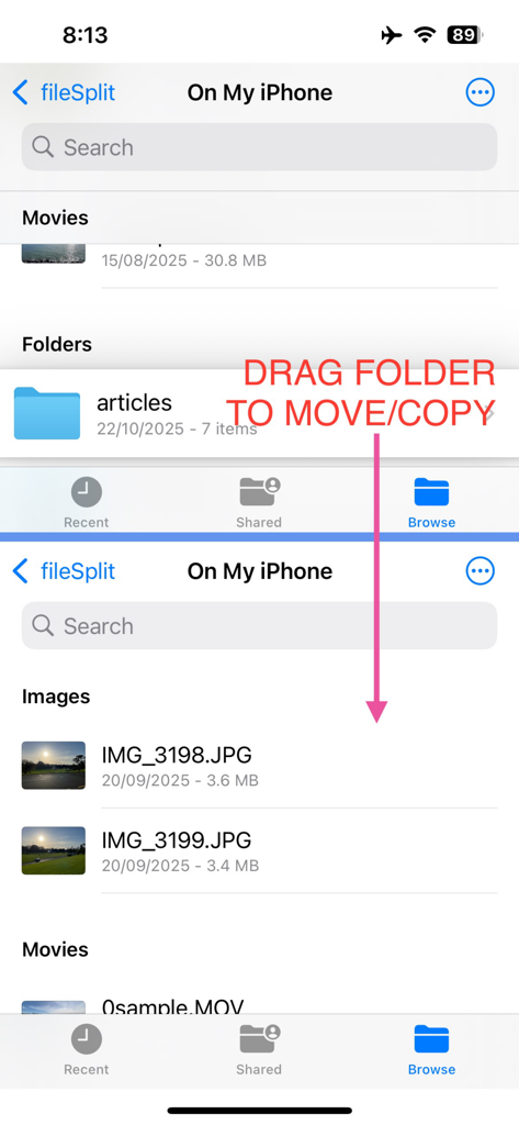 Split screen file management in fileSplit app showing folder drag and drop feature