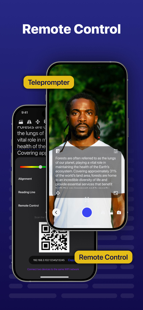 Teleprompter - Captions - QRコードとアクティブなビデオ録画画面を備えたリモートコントロール設定を表示するテレプロンプターアプリ
