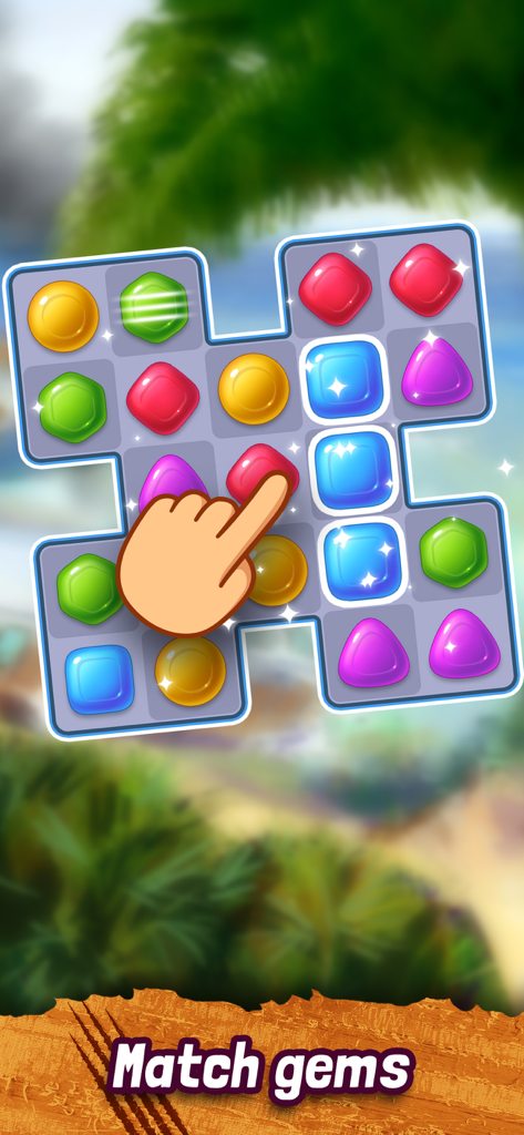 Survivors: the Quest - Una schermata di puzzle match-3 da Survivors the Quest con gemme colorate su uno sfondo di isola tropicale.