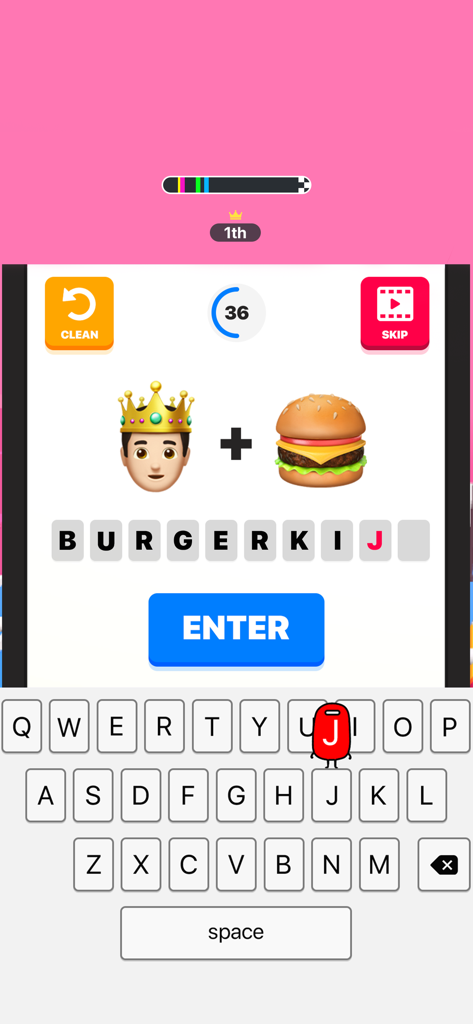 Happy Printer mobile game interface showing a word riddle puzzle with emojis
