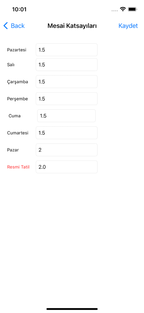 Mesailerim - A settings screen in the Mesailerim app for configuring overtime coefficients by day of the week and public holidays.