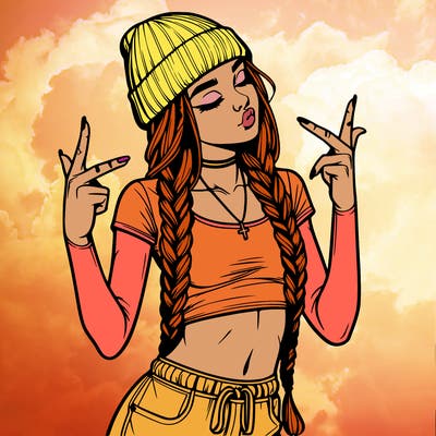 realistic teenage girl with braids and a beanie and crop top doing 🫶🏼