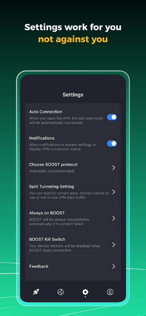 A screenshot of the BOOST VPN settings screen showing customizable options like auto connection split tunneling and kill switch.