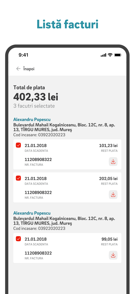 支払金額とダウンロードオプションを含む公共料金請求書の一覧を表示したモバイルアプリの画面