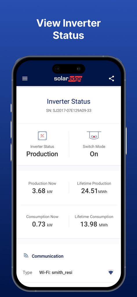 mySolarEdge - Interfaz de la aplicación móvil que muestra el estado del inversor SolarEdge, métricas de producción y consumo