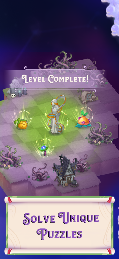 Una pantalla de Nivel Completado en Merge Magic que muestra una estatua brillante y objetos mágicos en un tablero de puzle