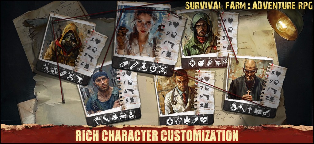 Captura de pantalla del juego Survival Farm Adventure RPG que muestra diversas clases de personajes y retratos de supervivientes con sus estadísticas respectivas.