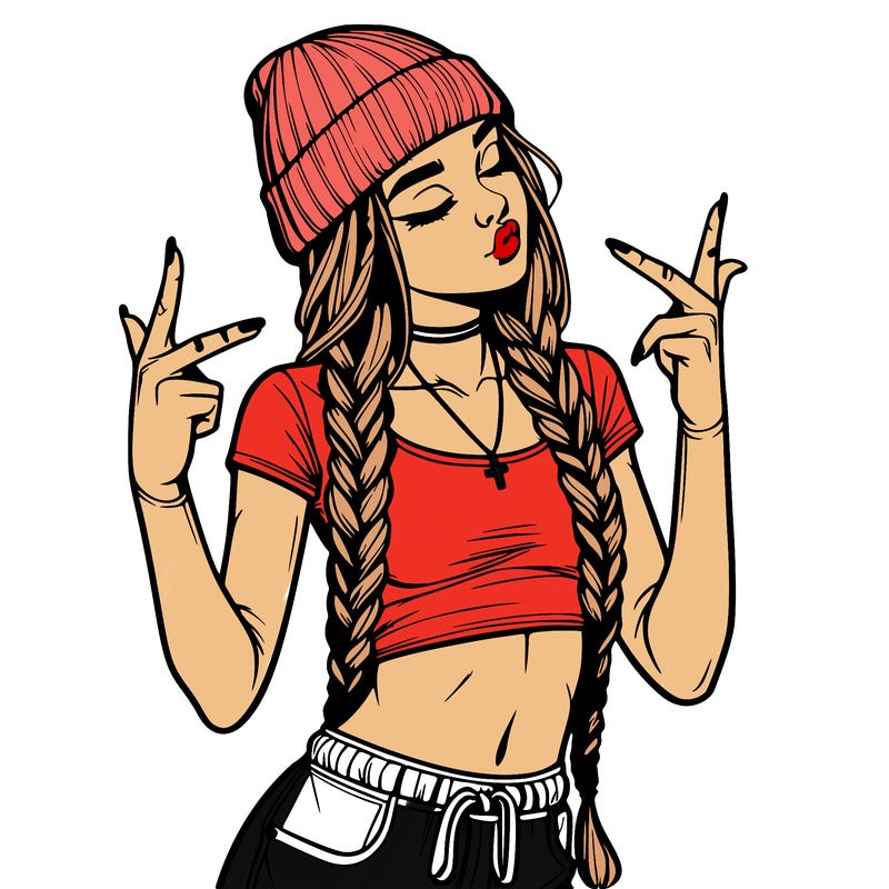 realistic teenage girl with braids and a beanie and crop top doing 🫶🏼