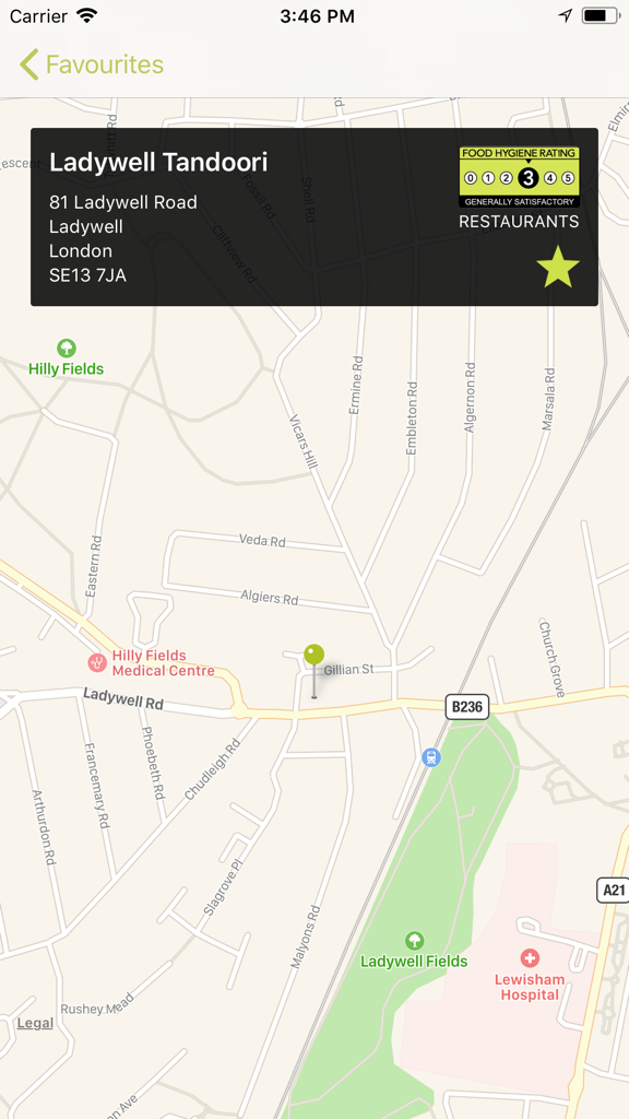 Map view of a London restaurant with a food hygiene rating