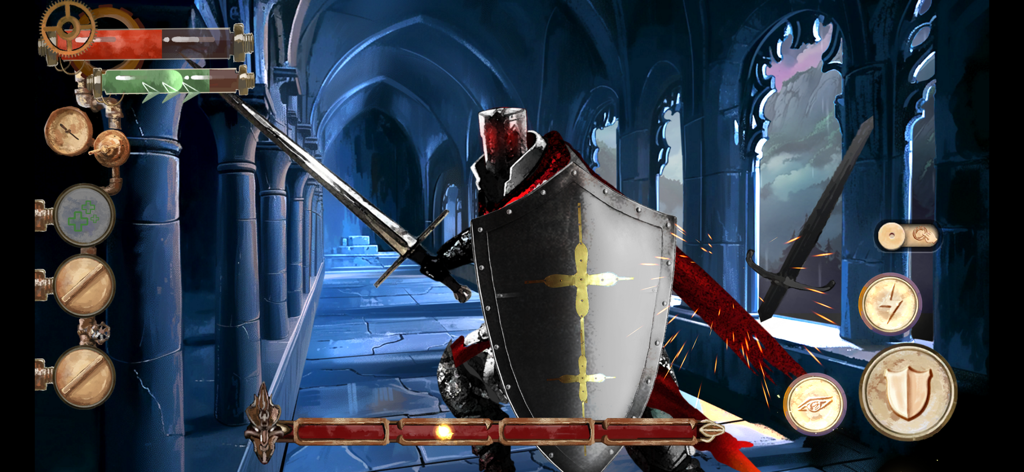 The Apocalypse Sacrifice - Un caballero con un gran escudo y espada de pie en un pasillo de piedra gótica con elementos de interfaz de usuario steampunk