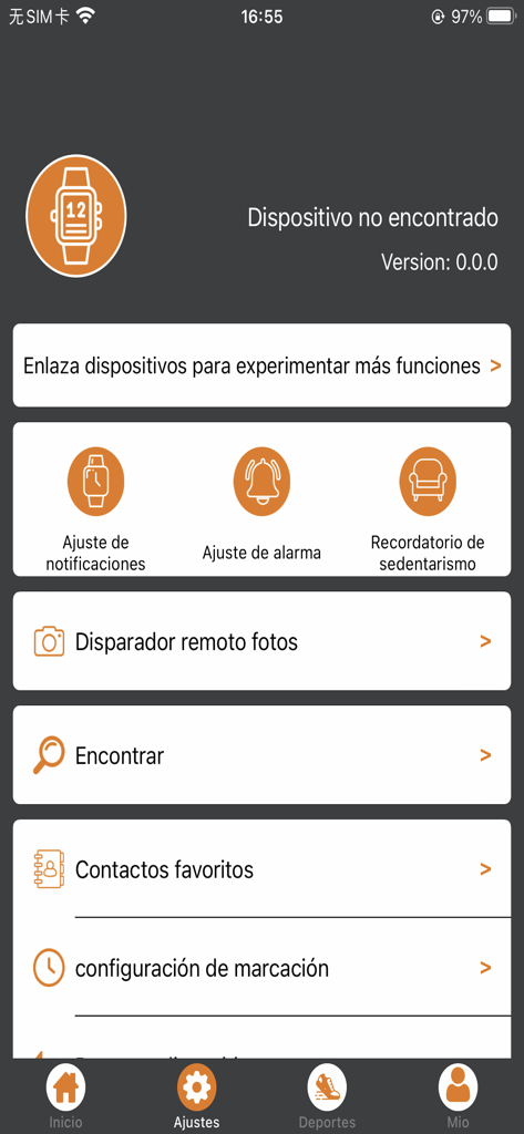 INNOVA S-BANDS - Menú de configuración de la aplicación móvil INNOVA S-BANDS en español mostrando varias opciones de configuración del reloj