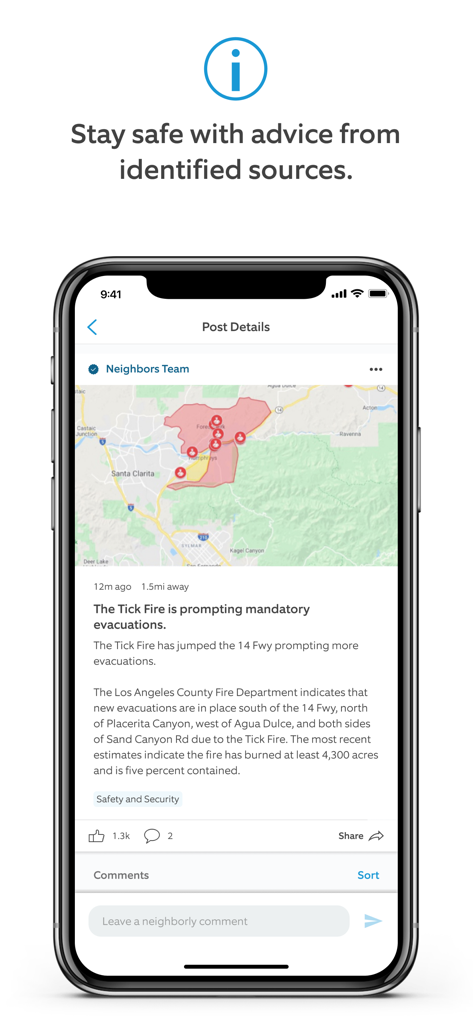 Smartphone interface of Neighbors by Ring app showing a real-time wildfire evacuation alert with an incident map and safety instructions