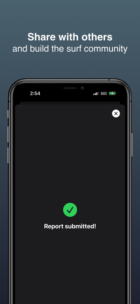 Waver app screen showing a green checkmark and the message Report submitted to confirm a shared surf condition update
