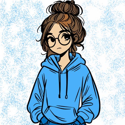 teen girl with a messy bun and glasses wearing a loose hoodie and jeans