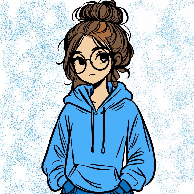 teen girl with a messy bun and glasses wearing a loose hoodie and jeans