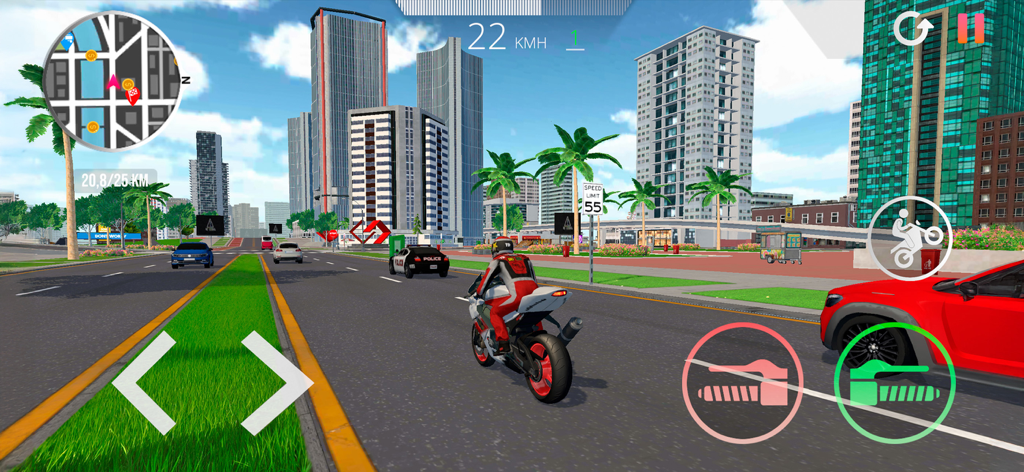 Una motocicleta circulando por una calle de la ciudad en Motorcycle Real Simulator