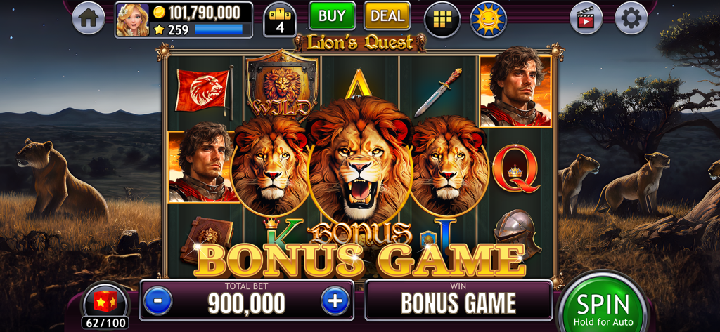 Lions Quest slot machine bonus game screen with lion symbols