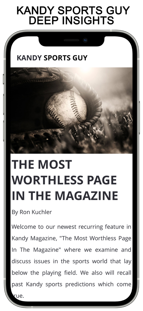 KANDY Magazine: Photo Stories - Screenshot of Kandy Magazine showing a sports article titled The Most Worthless Page in the Magazine with a photo of a baseball and glove.