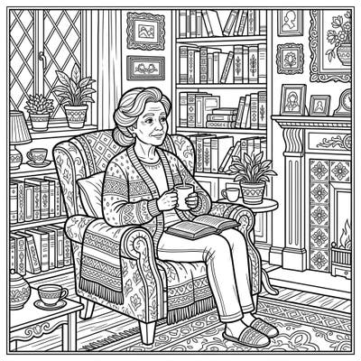 Discover a heartwarming scene of an elder woman finding peace in her cozy home. This intricate coloring page invites you to add vibrant hues to a moment of quiet reflection and comfort.