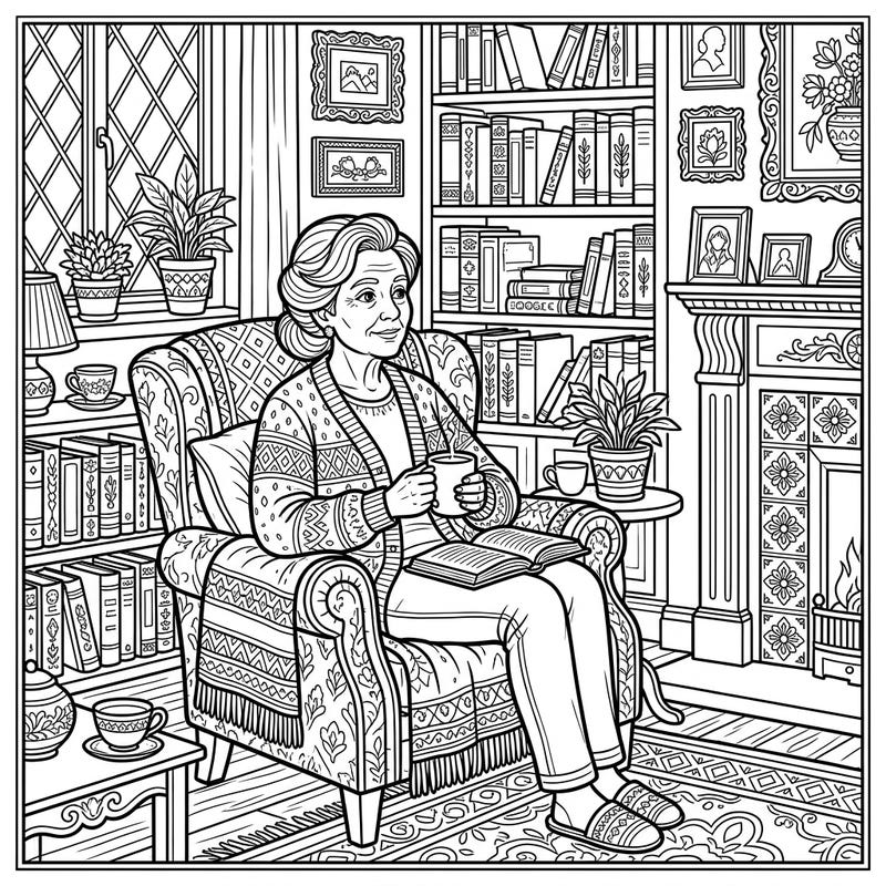Discover a heartwarming scene of an elder woman finding peace in her cozy home. This intricate coloring page invites you to add vibrant hues to a moment of quiet reflection and comfort.
