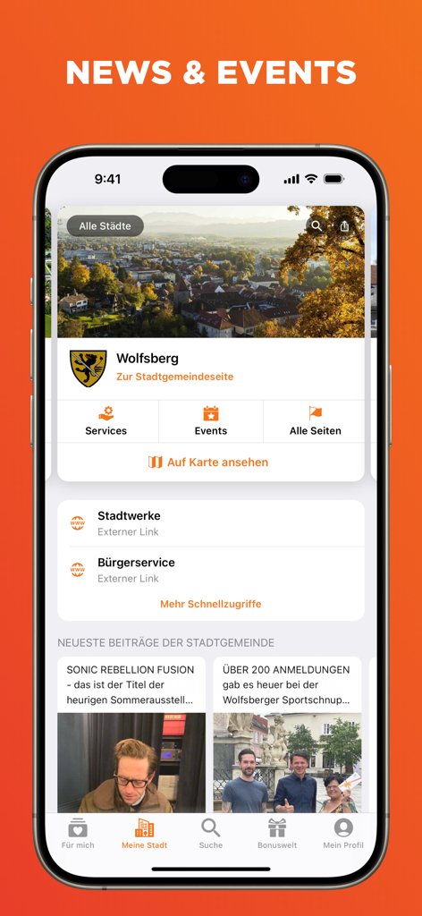 CITIES: Municipality App - Smartphone screen showing local news, events, and municipality services in the CITIES app.