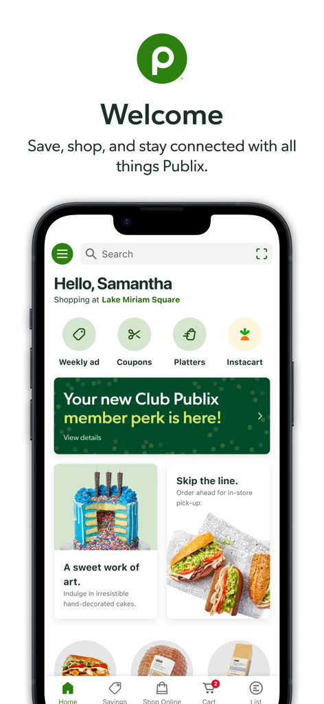 The home screen of the Publix mobile app showing weekly ads coupons and order ahead options