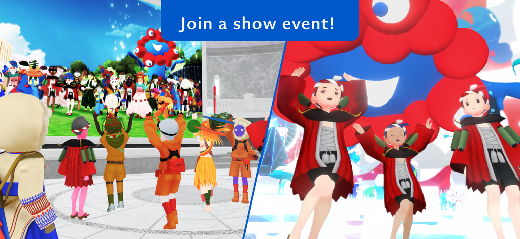 Avatars gathering and dancing at a virtual show event in the Virtual EXPO 2025 JAPAN metaverse