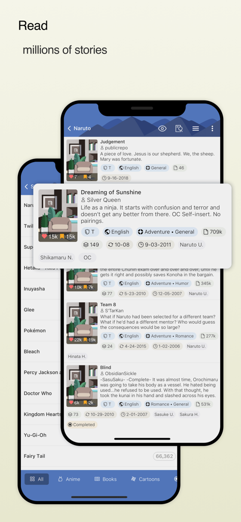 FanFiction.Net mobile app interface displaying a list of fanfiction stories and fandom categories like Naruto and Anime.