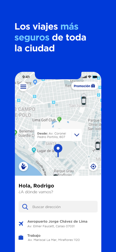 Directo - Directo taxi app interface showing a city map and address search for safe trips in Lima